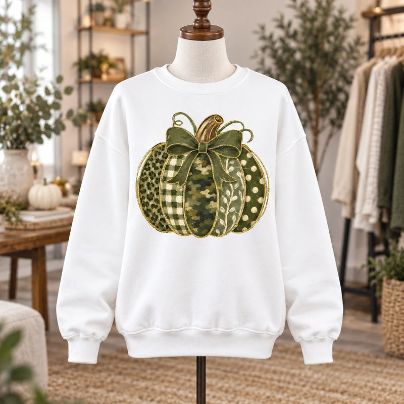 Green Pumpkin Bow Fall Graphic Patchwork Pumpkin Sweatshirt and T-Shirt Rustic Thanksgiving Coquette