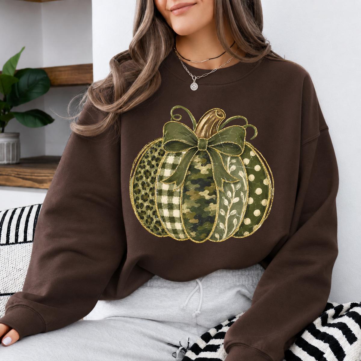 Green Pumpkin Bow Fall Graphic Patchwork Pumpkin Sweatshirt and T-Shirt Autumn Thanksgiving Women Rustic Coquette Design
