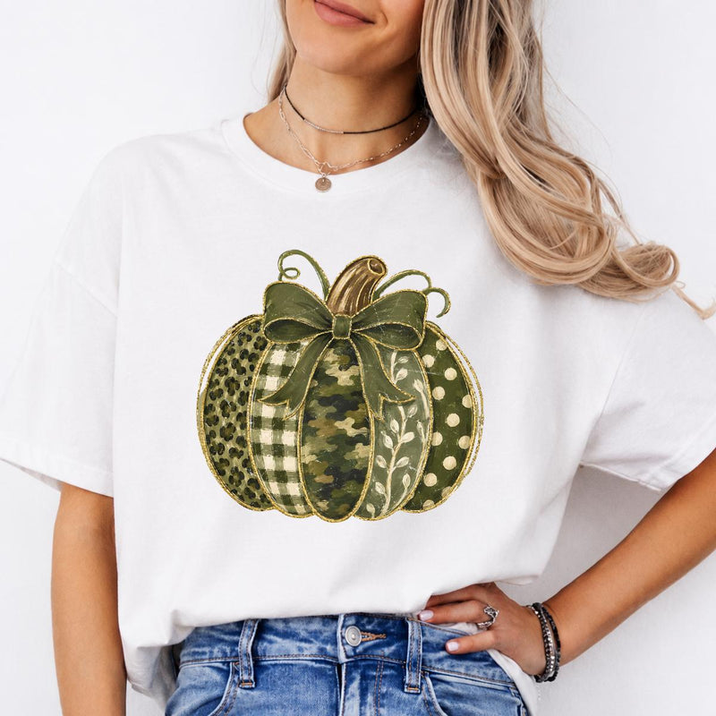 Green Pumpkin Bow Fall Graphic Patchwork Pumpkin Sweatshirt and T-Shirt Autumn Thanksgiving Women Rustic Coquette Design