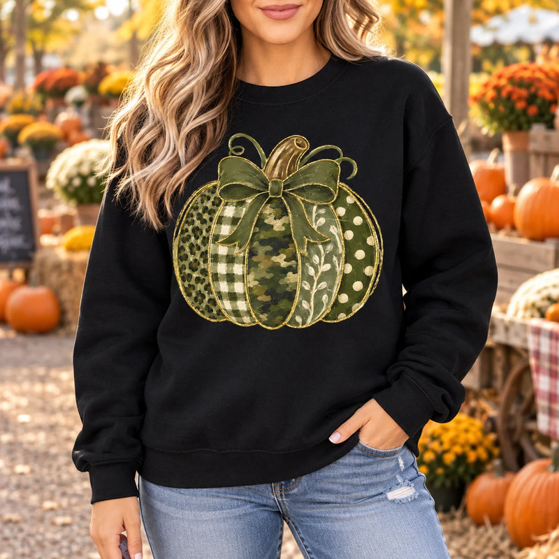 Green Pumpkin Bow Fall Graphic Patchwork Pumpkin Sweatshirt and T-Shirt Rustic Thanksgiving Coquette