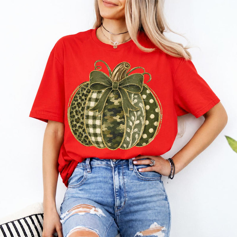 Green Pumpkin Bow Fall Graphic Patchwork Pumpkin Sweatshirt and T-Shirt Autumn Thanksgiving Women Rustic Coquette Design