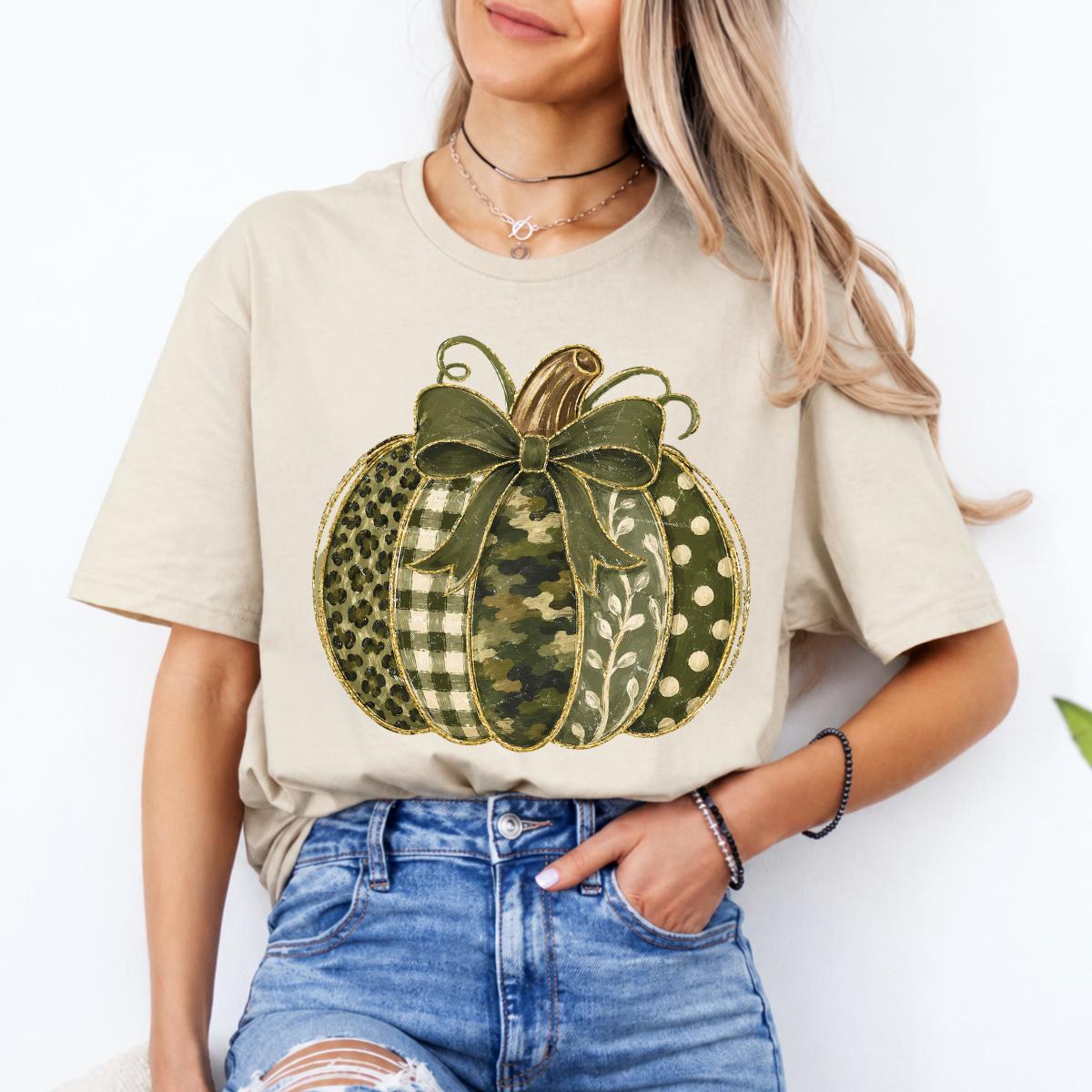 Green Pumpkin Bow Fall Graphic Patchwork Pumpkin Sweatshirt and T-Shirt Autumn Thanksgiving Women Rustic Coquette Design