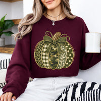 Green Pumpkin Bow Fall Graphic Patchwork Pumpkin Sweatshirt and T-Shirt Autumn Thanksgiving Women Rustic Coquette Design