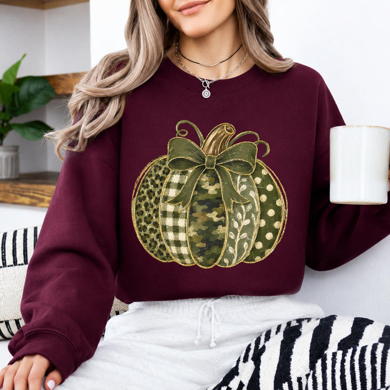 Green Pumpkin Bow Fall Graphic Patchwork Pumpkin Sweatshirt and T-Shirt Autumn Thanksgiving Women Rustic Coquette Design