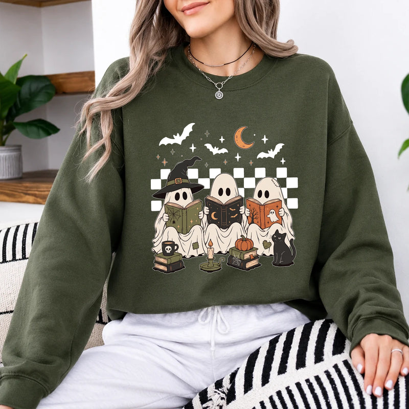 Halloween Book Lover Ghost Reading Club Sweatshirt Halloween Reader Women Cute Spooky Illustrated Design