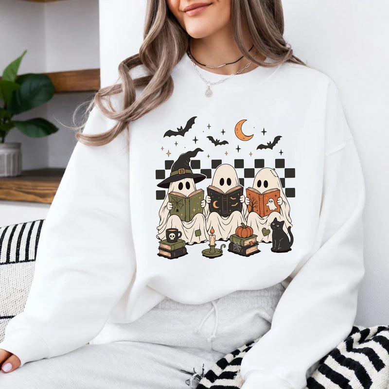 Halloween Book Lover Ghost Reading Sweatshirt Cute Spooky Reader Crewneck