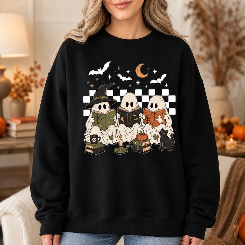 Halloween Book Lover Ghost Reading Sweatshirt Cute Spooky Reader Crewneck