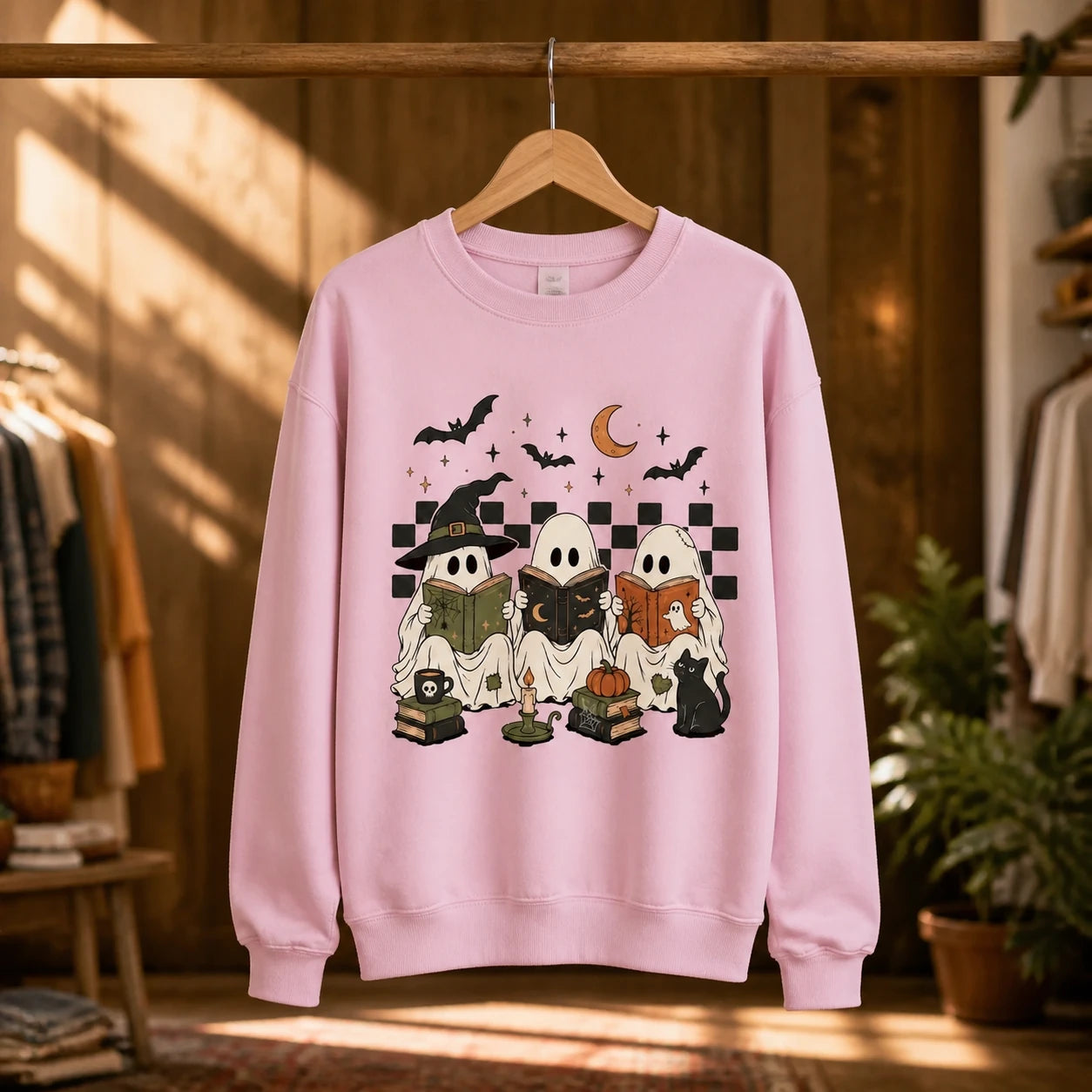 Halloween Book Lover Ghost Reading Sweatshirt Cute Spooky Reader Crewneck