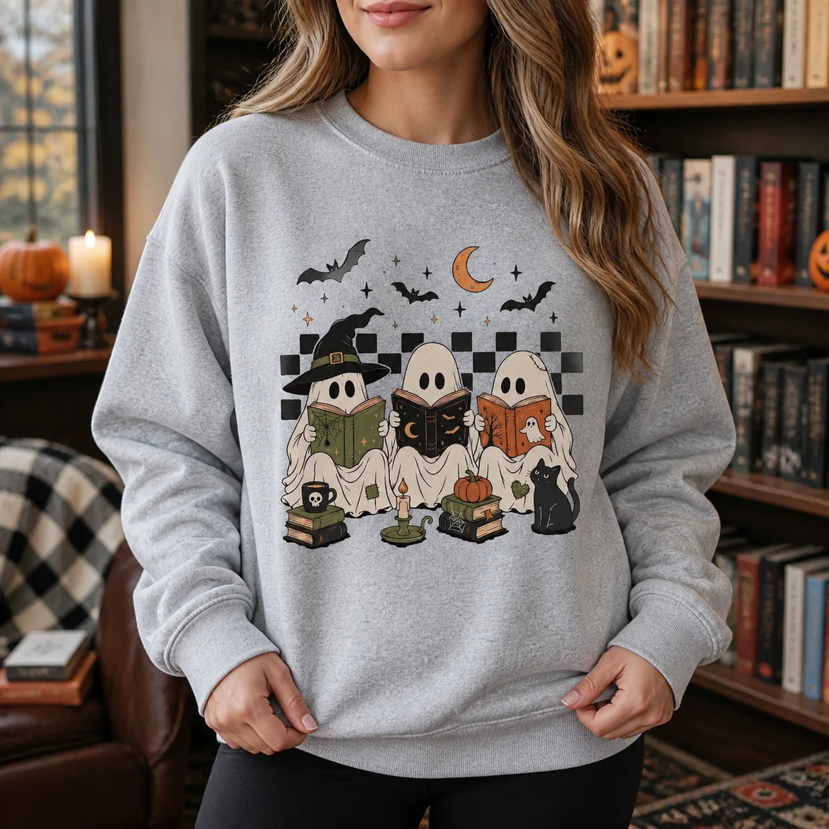 Halloween Book Lover Ghost Reading Sweatshirt Cute Spooky Reader Crewneck