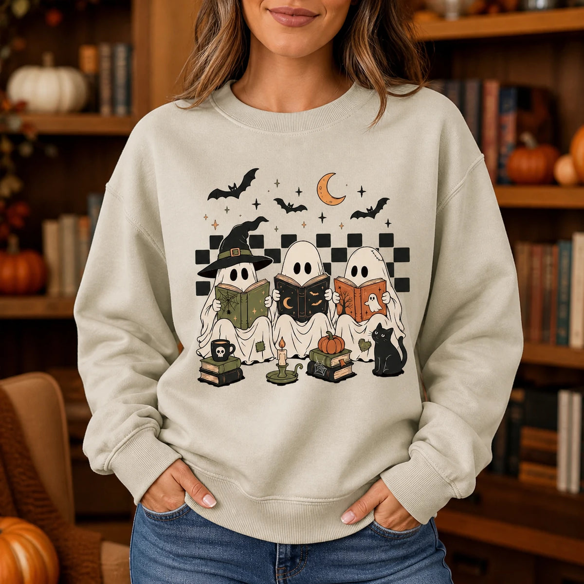 Halloween Book Lover Ghost Reading Sweatshirt Cute Spooky Reader Crewneck