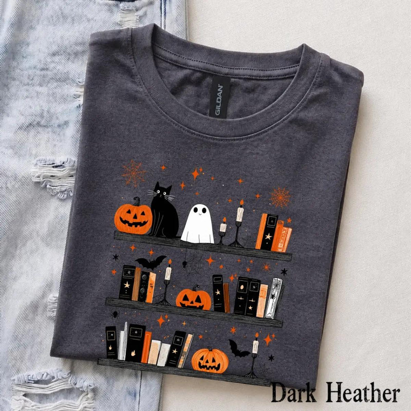 Halloween Book Lover Spooky Bookshelf T-Shirt Fall Reading Season Unisex Cute Vintage