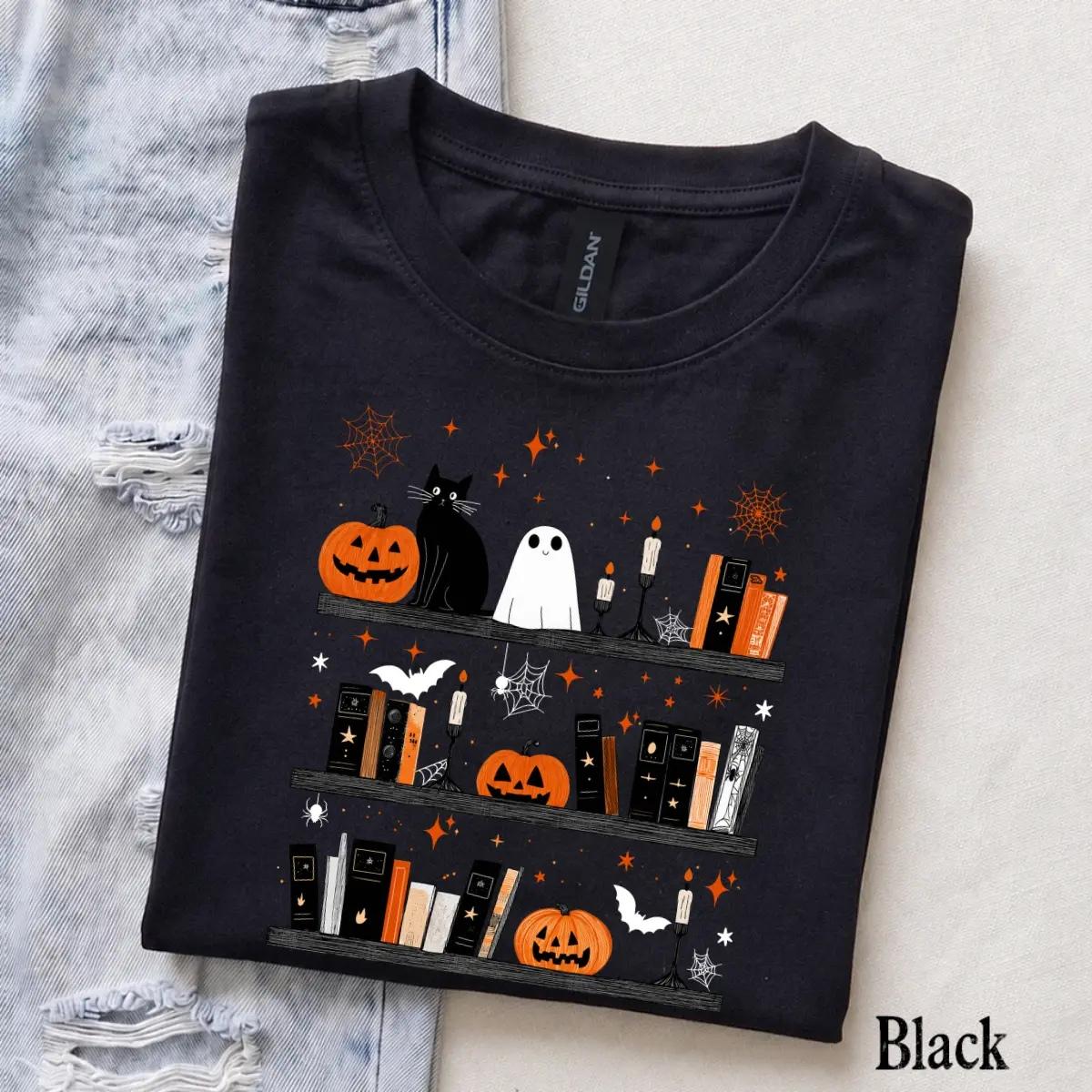 Halloween Book Lover Spooky Bookshelf T-Shirt Fall Reading Season Unisex Cute Vintage