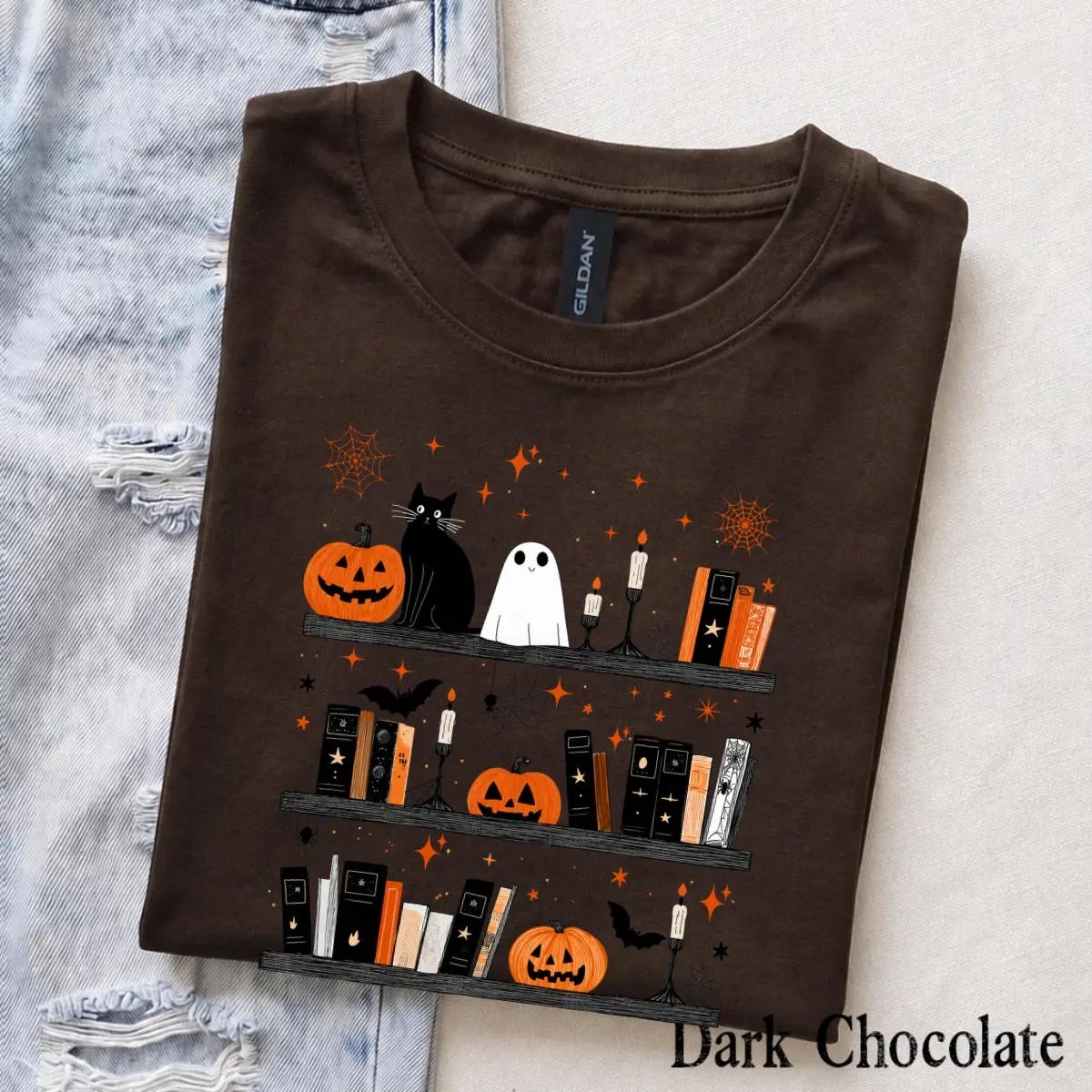 Halloween Book Lover Spooky Bookshelf T-Shirt Fall Reading Season Unisex Cute Vintage