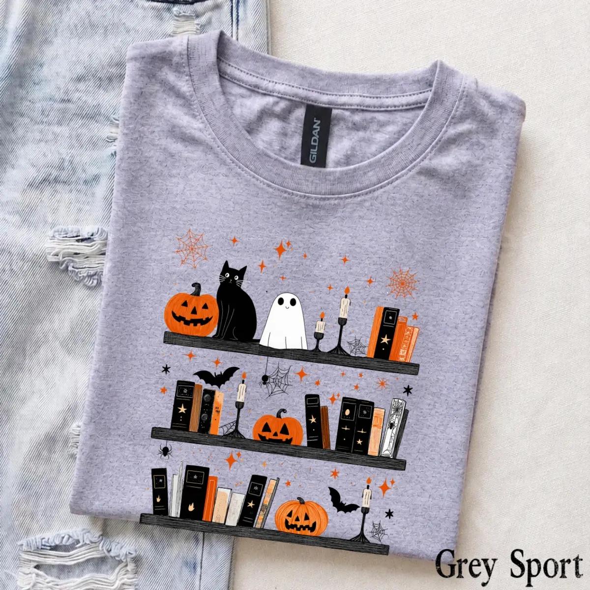Halloween Book Lover Spooky Bookshelf T-Shirt Fall Reading Season Unisex Cute Vintage