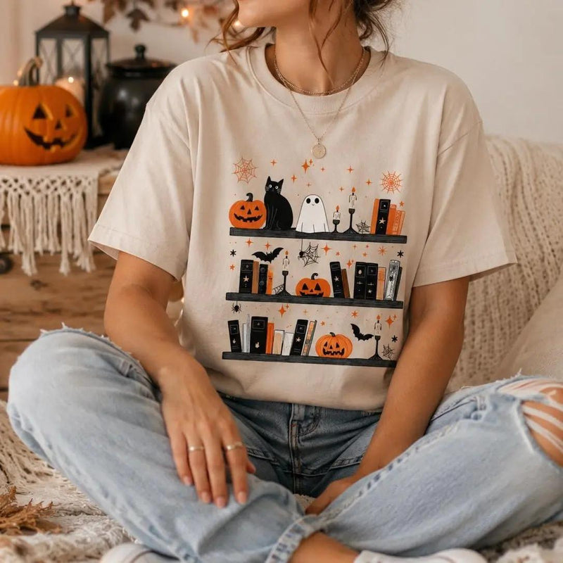 Halloween Book Lover Spooky Bookshelf T-Shirt Fall Reading Season Unisex Cute Vintage
