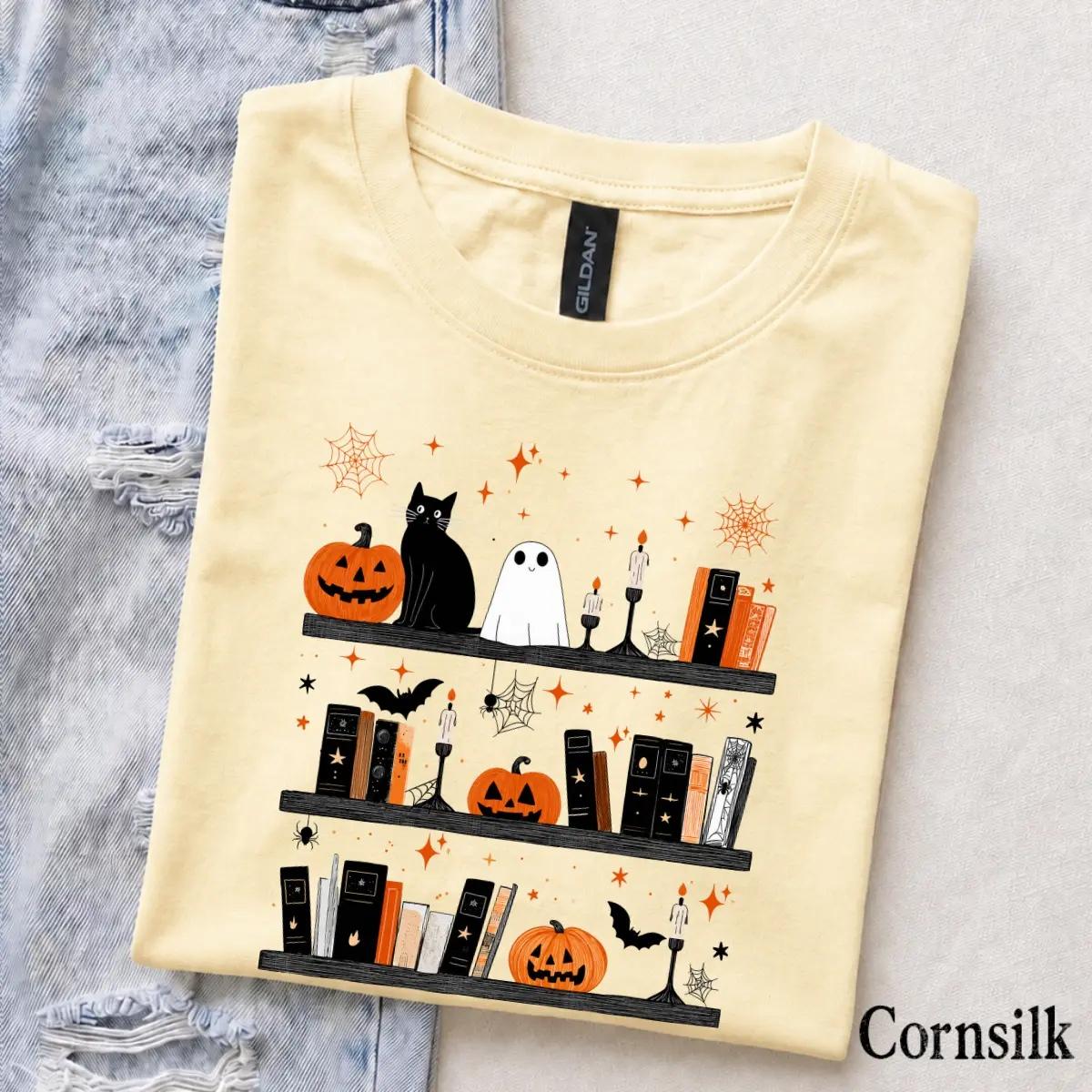 Halloween Book Lover Spooky Bookshelf T-Shirt Fall Reading Season Unisex Cute Vintage