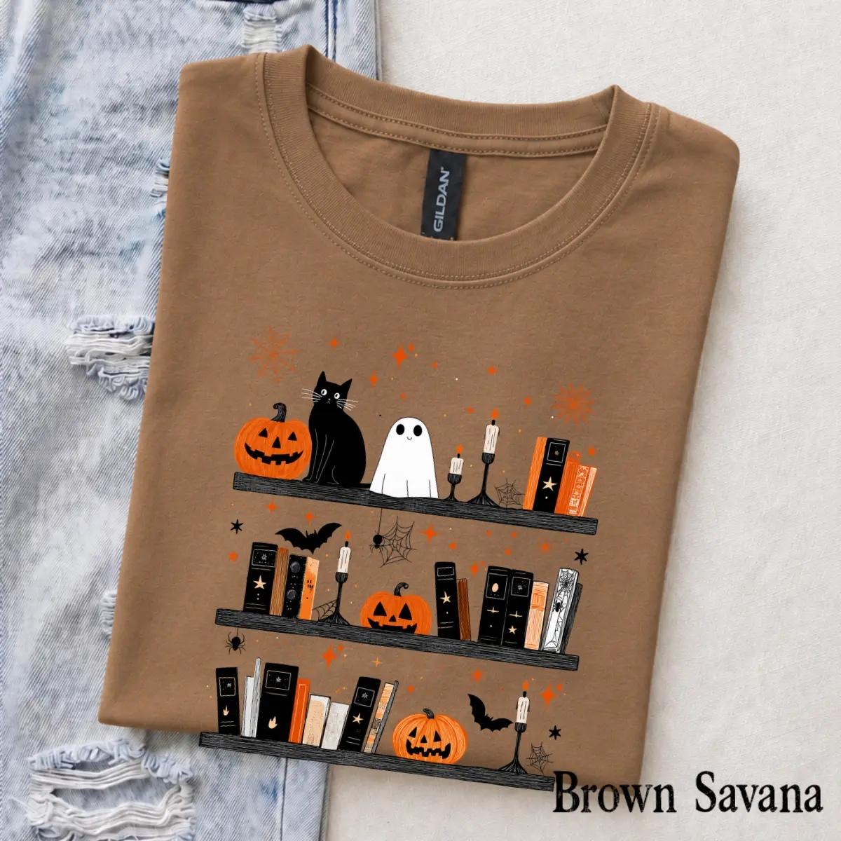 Halloween Book Lover Spooky Bookshelf T-Shirt Fall Reading Season Unisex Cute Vintage