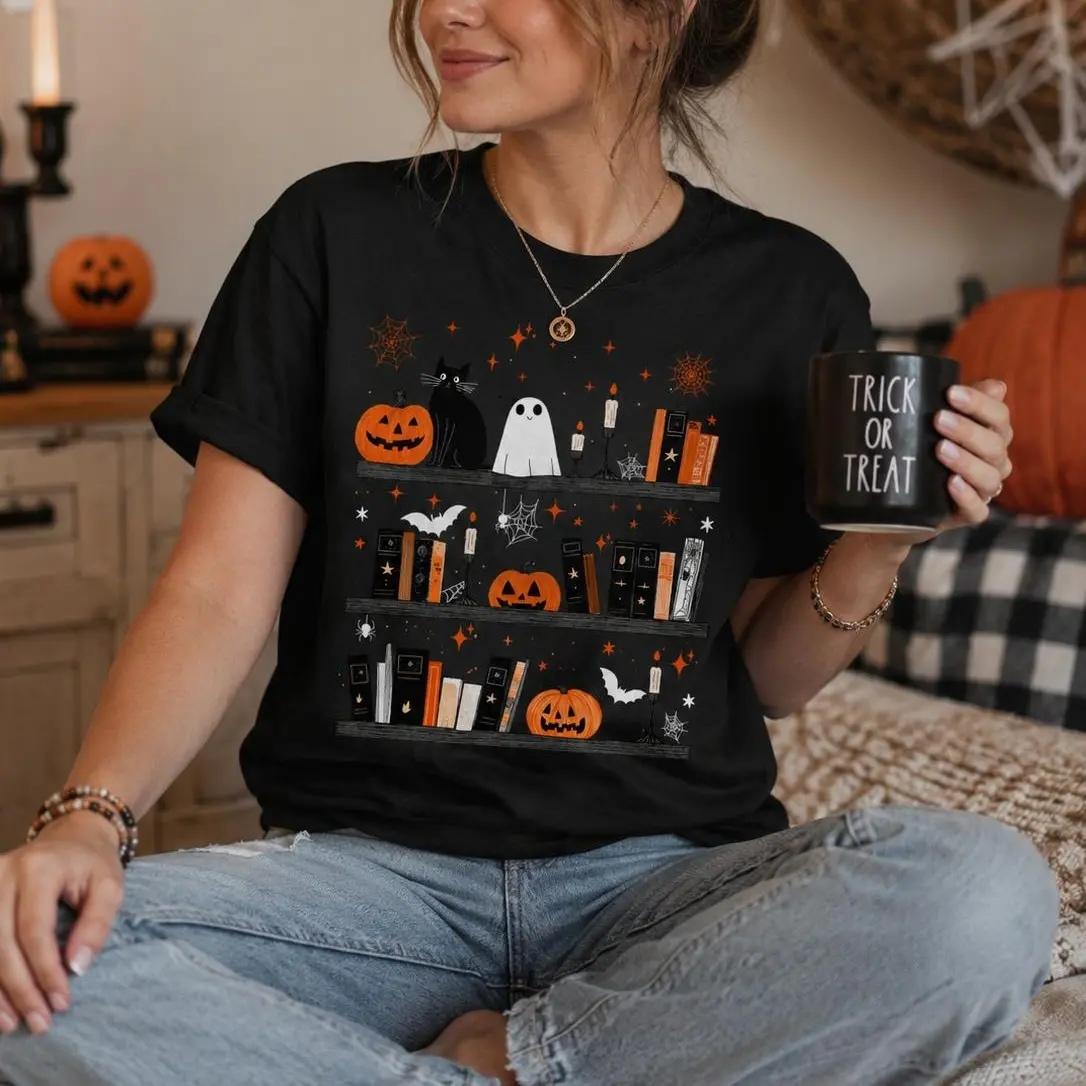 Halloween Book Lover Spooky Bookshelf T-Shirt Fall Reading Season Unisex Cute Vintage