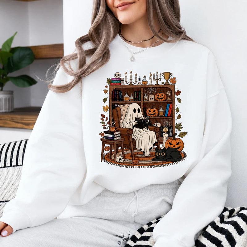 Halloween Book Lover Sweatshirt Ghost Reading Nook Halloween Reader Women Cute Cozy Spooky Design