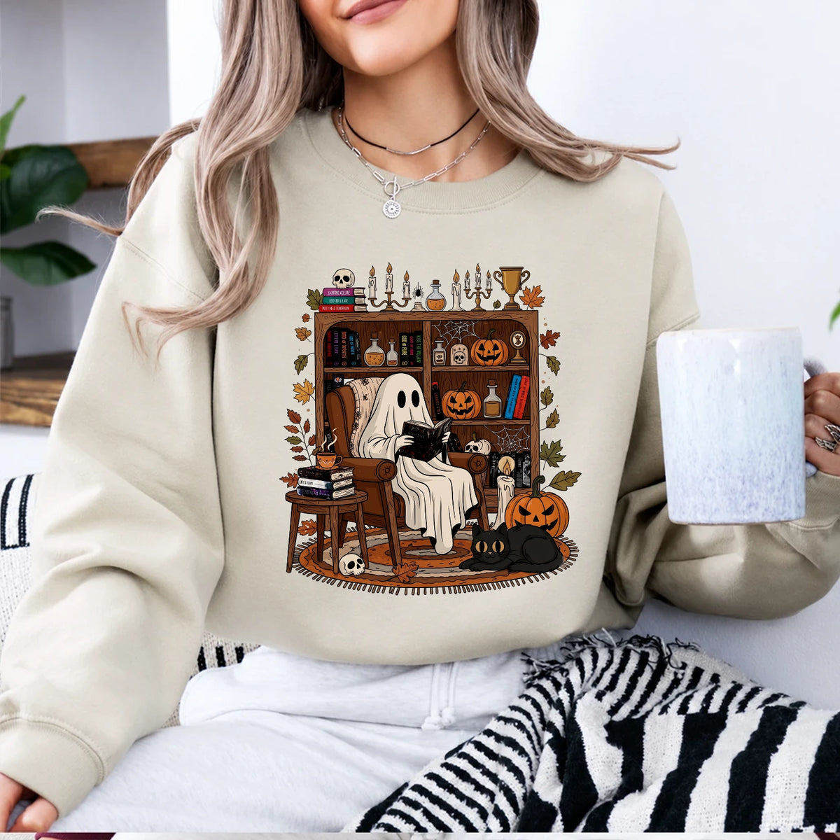 Halloween Book Lover Sweatshirt Ghost Reading Nook Halloween Reader Women Cute Cozy Spooky Design
