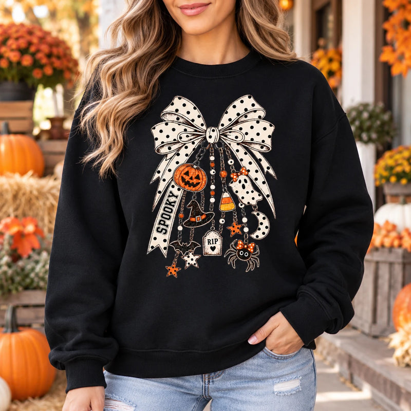 Halloween Bow Sweatshirt, Cute Spooky Coquette For Women, Pumpkin Ghost Witch Fall