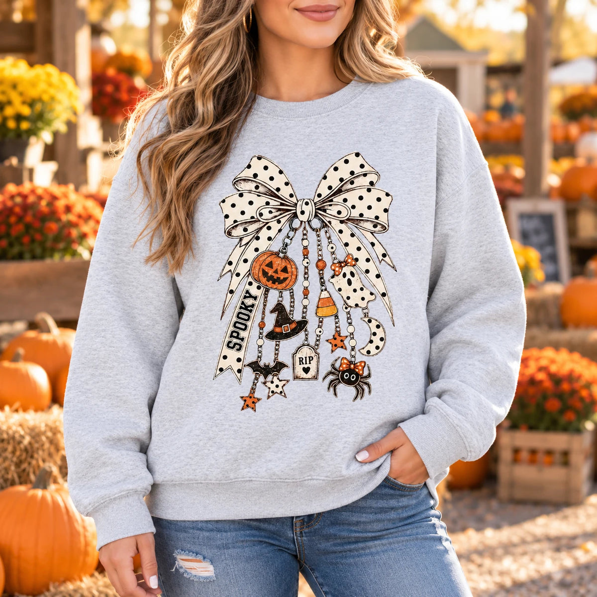 Halloween Bow Sweatshirt, Cute Spooky Coquette For Women, Pumpkin Ghost Witch Fall