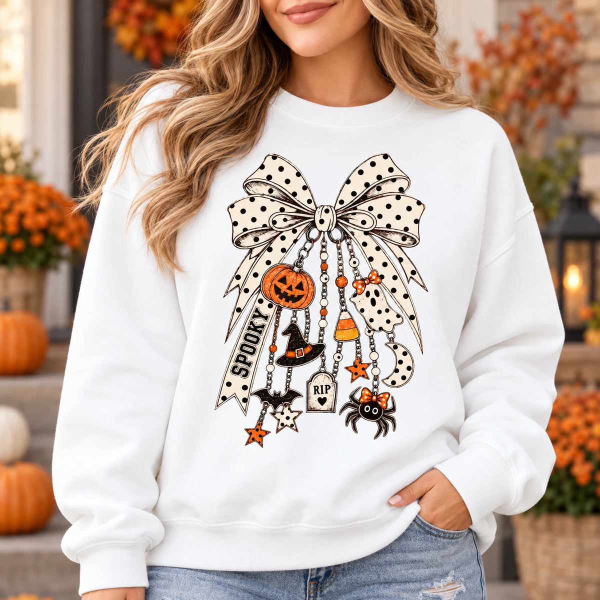 Halloween Bow Sweatshirt, Cute Spooky Coquette For Women, Pumpkin Ghost Witch Fall