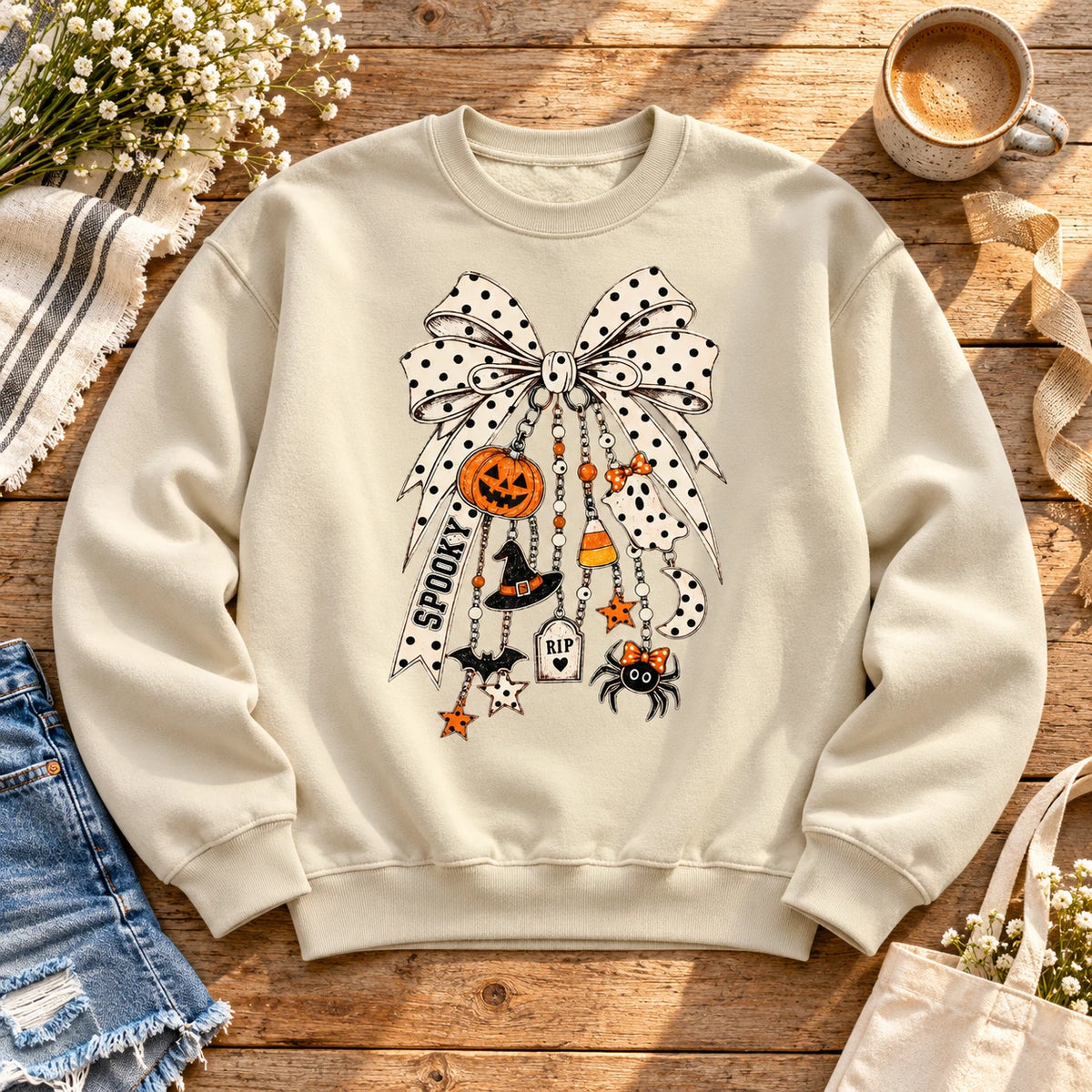 Halloween Bow Sweatshirt, Cute Spooky Coquette For Women, Pumpkin Ghost Witch Fall