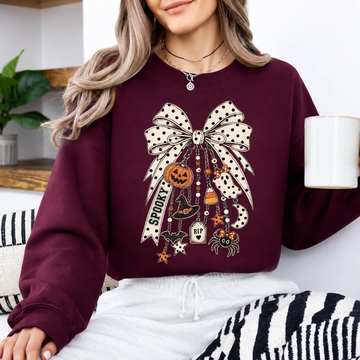 Halloween Bow Sweatshirt, Spooky Charm Coquette Design, Halloween Fall Women Cute Vintage Style