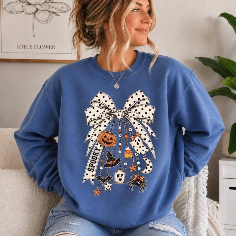 Halloween Bow Sweatshirt, Spooky Charm Coquette Design, Halloween Fall Women Cute Vintage Style
