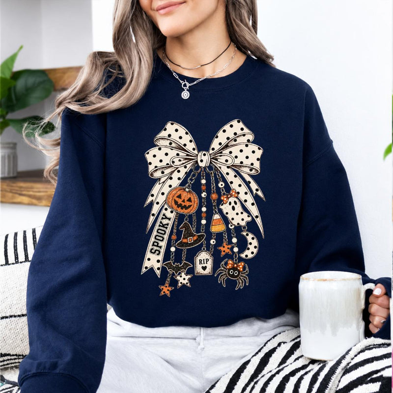 Halloween Bow Sweatshirt, Spooky Charm Coquette Design, Halloween Fall Women Cute Vintage Style