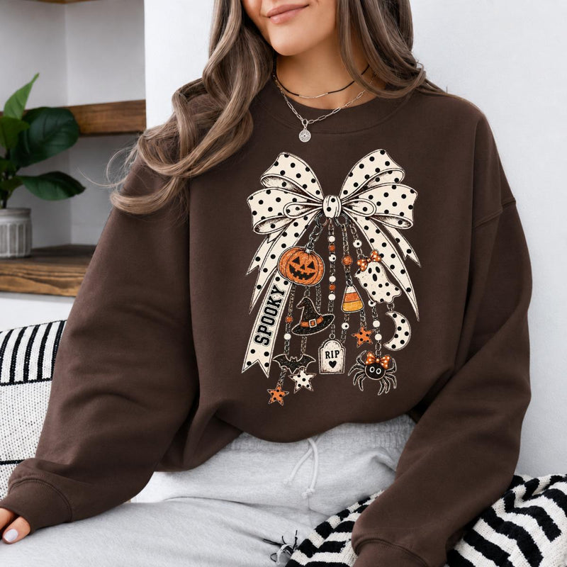 Halloween Bow Sweatshirt, Spooky Charm Coquette Design, Halloween Fall Women Cute Vintage Style