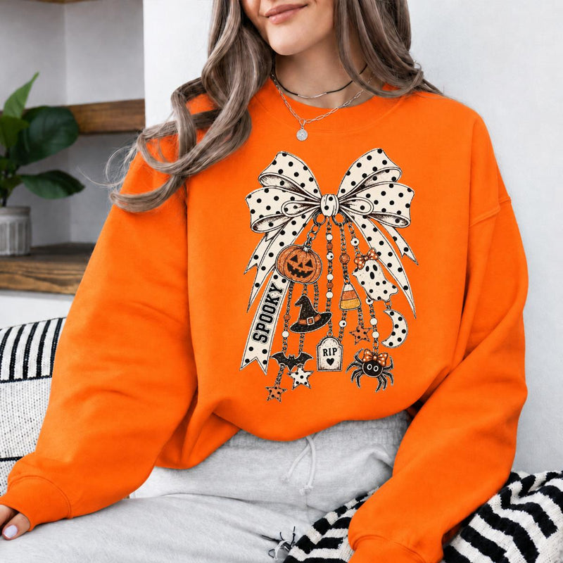 Halloween Bow Sweatshirt, Spooky Charm Coquette Design, Halloween Fall Women Cute Vintage Style