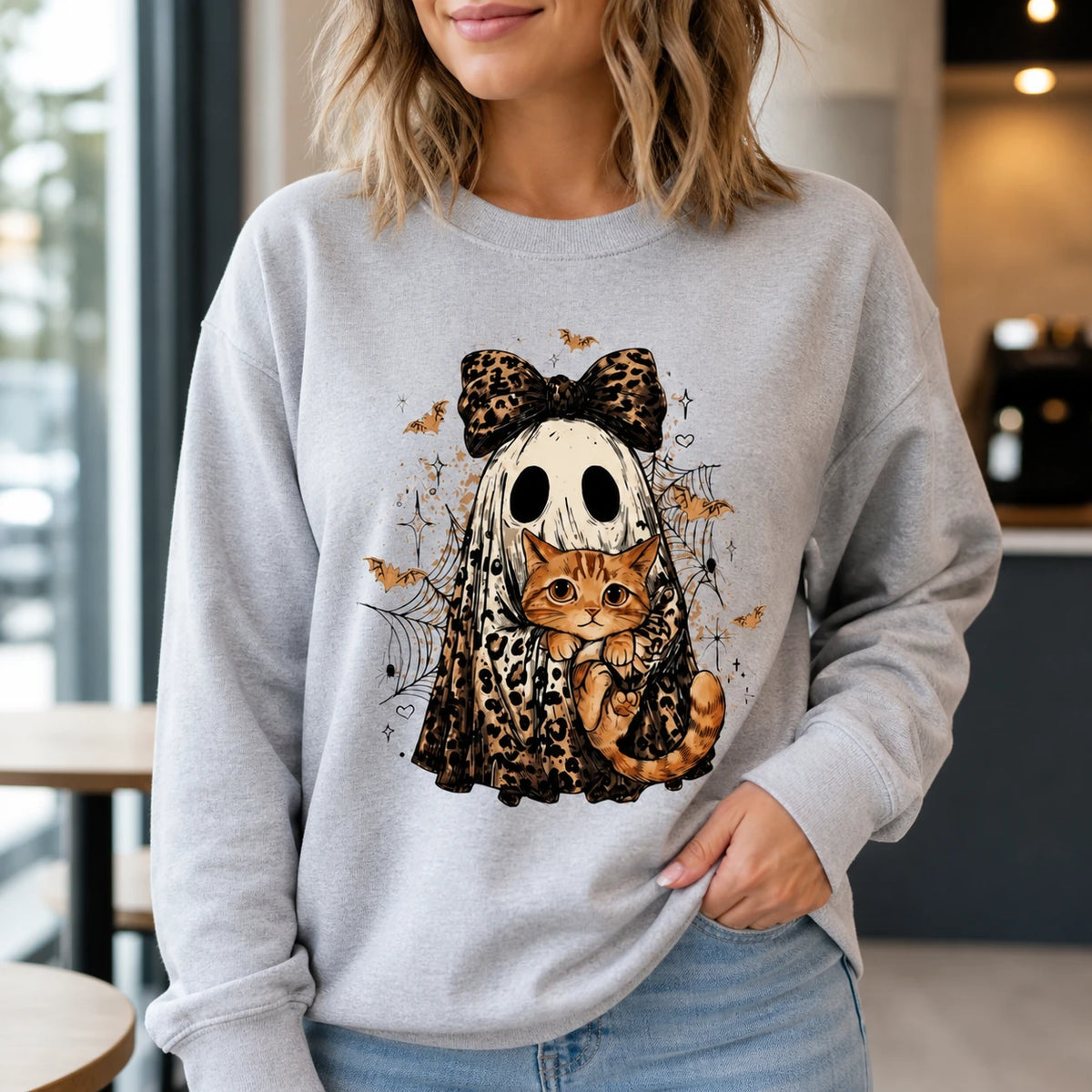 Halloween Cat Sweatshirt, Custom Cat Breed Leopard Ghost Crewneck, Spooky Season Cat Mom Gift, Coquette Bow Fall Graphic Sweater