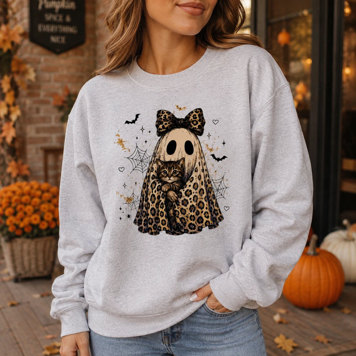 Halloween Cat Sweatshirt, Custom Cat Breed Leopard Ghost Crewneck, Spooky Season Cat Mom Gift, Coquette Bow Fall Graphic Sweater