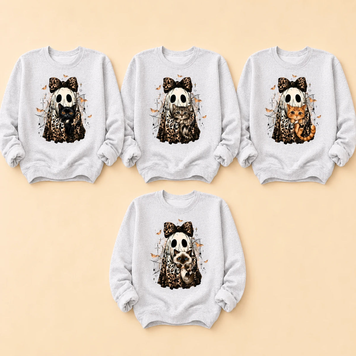 Halloween Cat Sweatshirt, Custom Cat Breed Leopard Ghost Crewneck, Spooky Season Cat Mom Gift, Coquette Bow Fall Graphic Sweater
