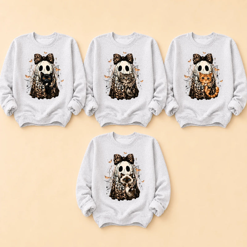 Halloween Cat Sweatshirt, Custom Cat Breed Leopard Ghost Crewneck, Spooky Season Cat Mom Gift, Coquette Bow Fall Graphic Sweater