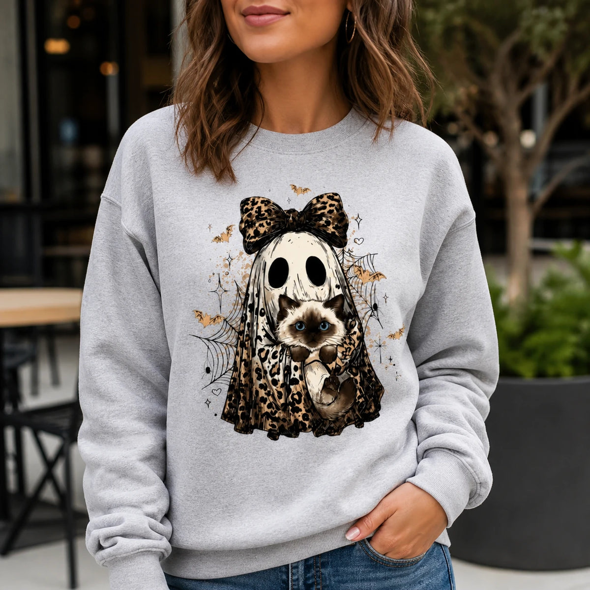 Halloween Cat Sweatshirt, Custom Cat Breed Leopard Ghost Crewneck, Spooky Season Cat Mom Gift, Coquette Bow Fall Graphic Sweater