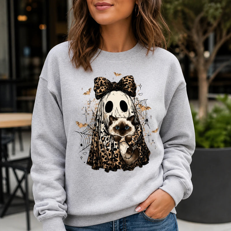 Halloween Cat Sweatshirt, Custom Cat Breed Leopard Ghost Crewneck, Spooky Season Cat Mom Gift, Coquette Bow Fall Graphic Sweater