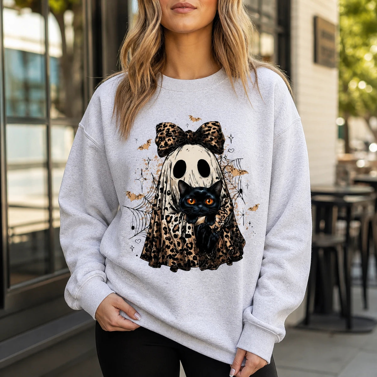 Halloween Cat Sweatshirt, Custom Cat Breed Leopard Ghost Crewneck, Spooky Season Cat Mom Gift, Coquette Bow Fall Graphic Sweater