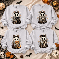 Halloween Cat Sweatshirt, Leopard Ghost Holding Custom Cat Breed, Spooky Season Cat Lover Gift for Women, Coquette Bow Leopard Print Style