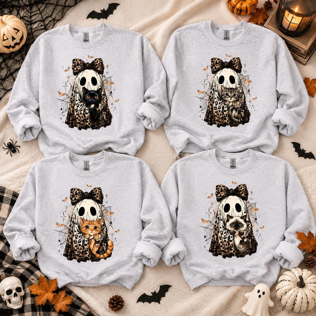 Halloween Cat Sweatshirt, Leopard Ghost Holding Custom Cat Breed, Spooky Season Cat Lover Gift for Women, Coquette Bow Leopard Print Style