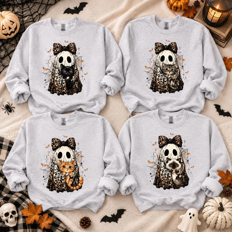 Halloween Cat Sweatshirt, Leopard Ghost Holding Custom Cat Breed, Spooky Season Cat Lover Gift for Women, Coquette Bow Leopard Print Style