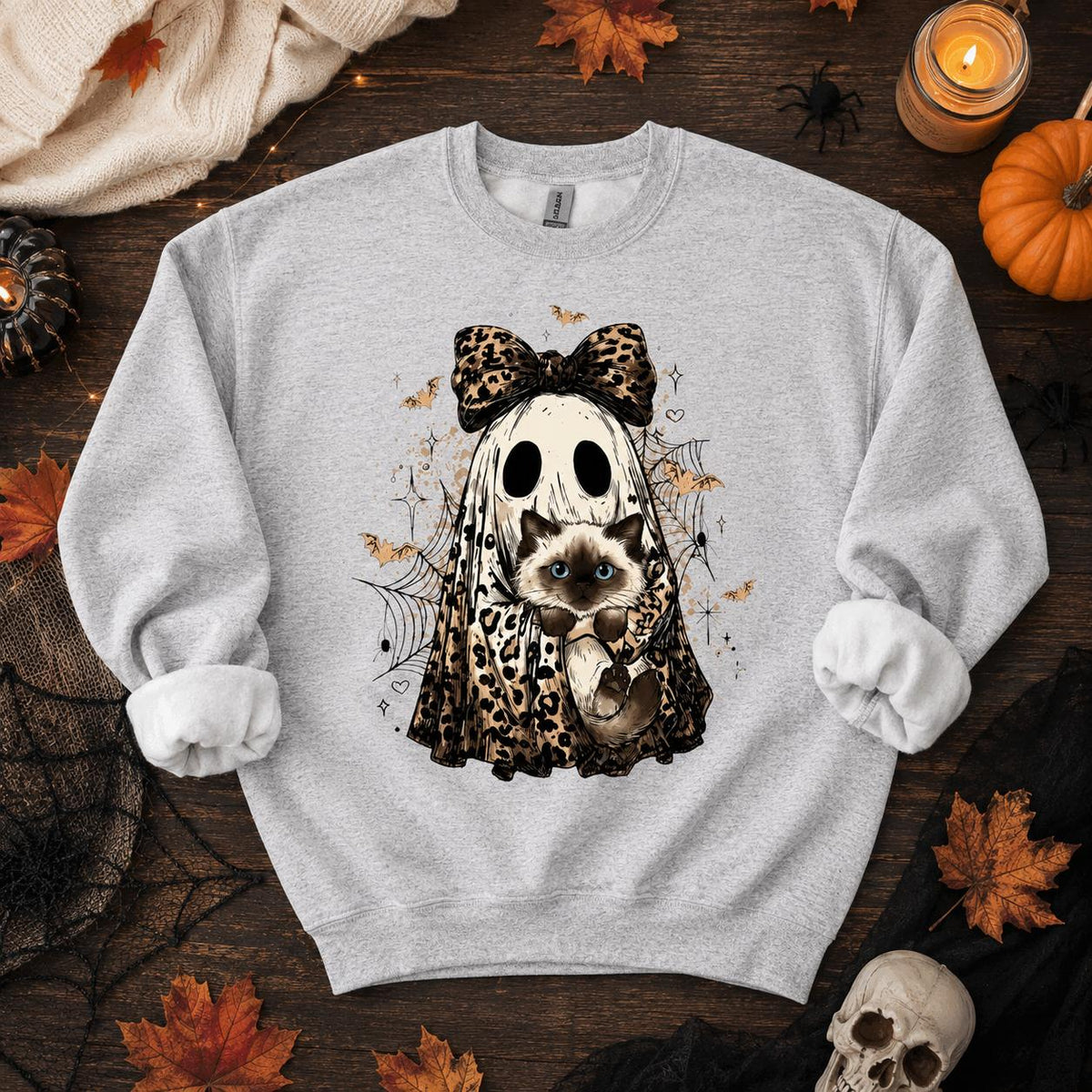 Halloween Cat Sweatshirt, Leopard Ghost Holding Custom Cat Breed, Spooky Season Cat Lover Gift for Women, Coquette Bow Leopard Print Style