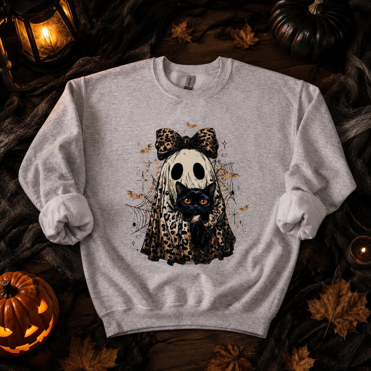 Halloween Cat Sweatshirt, Leopard Ghost Holding Custom Cat Breed, Spooky Season Cat Lover Gift for Women, Coquette Bow Leopard Print Style