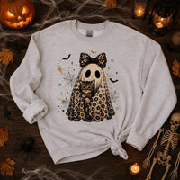Halloween Cat Sweatshirt, Leopard Ghost Holding Custom Cat Breed, Spooky Season Cat Lover Gift for Women, Coquette Bow Leopard Print Style