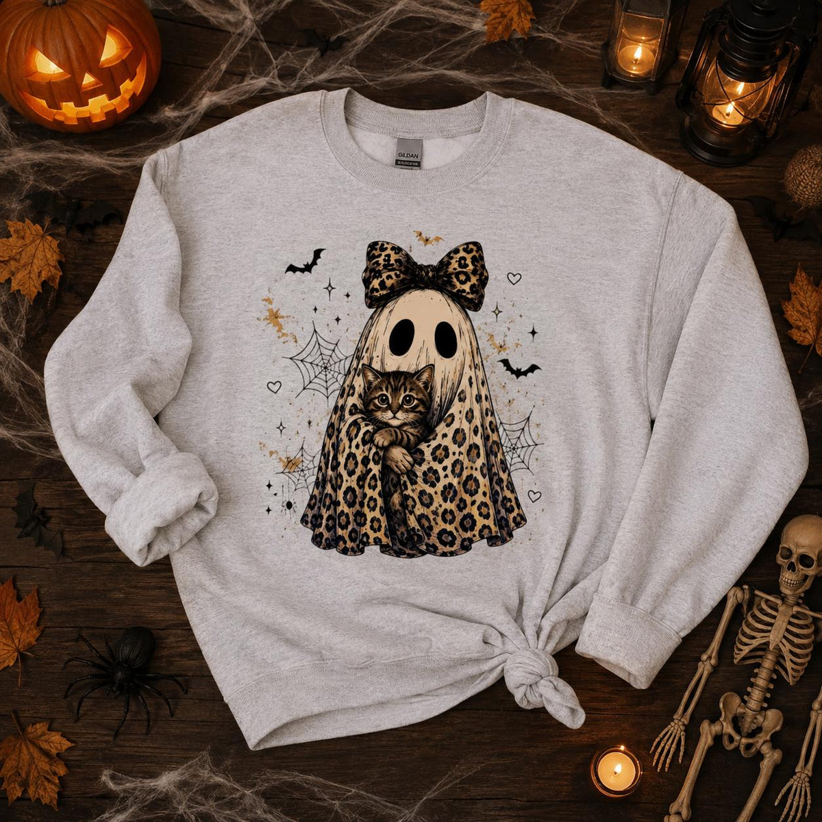 Halloween Cat Sweatshirt, Leopard Ghost Holding Custom Cat Breed, Spooky Season Cat Lover Gift for Women, Coquette Bow Leopard Print Style