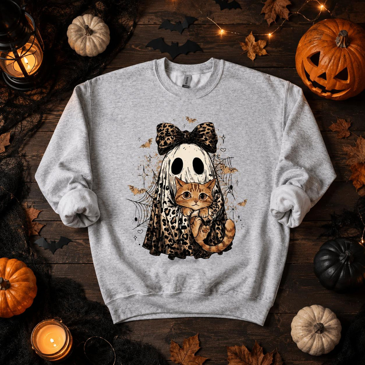Halloween Cat Sweatshirt, Leopard Ghost Holding Custom Cat Breed, Spooky Season Cat Lover Gift for Women, Coquette Bow Leopard Print Style