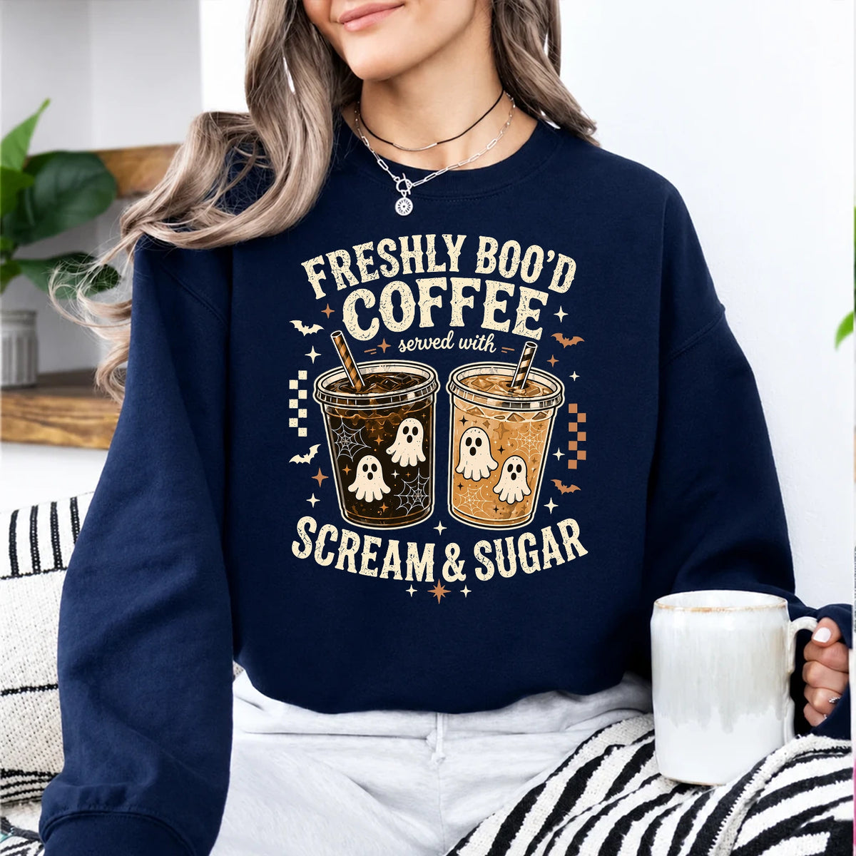 Halloween Coffee Lover Freshly Boo'd Coffee Sweatshirt Halloween Women Cute Spooky Vintage Design