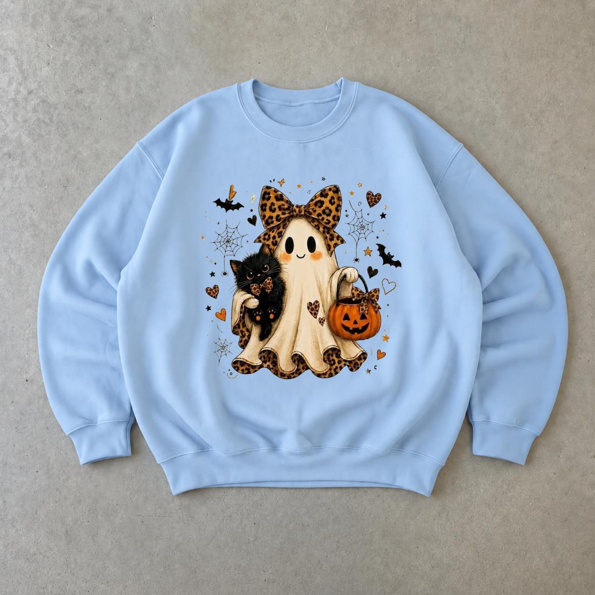 Halloween Ghost Cat Sweatshirt, Cute Spooky Season Crewneck, Leopard Bow Ghost Pumpkin Shirt, Vintage Halloween Pullover, Fall Outfit Gift, Kawaii Ghost Lover Gift, Cozy Unisex Sweatshirt